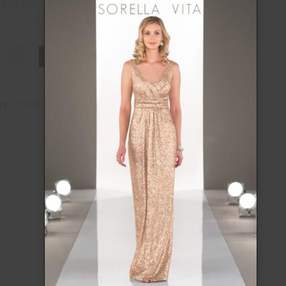 Sorella Vita gold sequin long formal gown size 14 8686 maxi bridesmaid gala